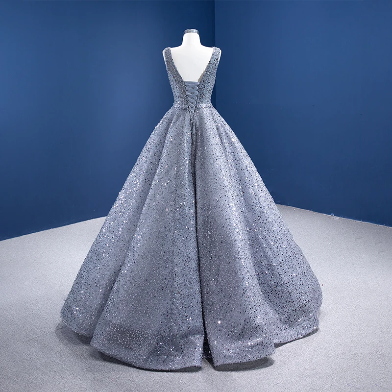 J67288 JANCEMBER Silver Gray V-neck Evening Dress Banquet Wedding Activity Frill Shiny Backless Gown robes de soirée
