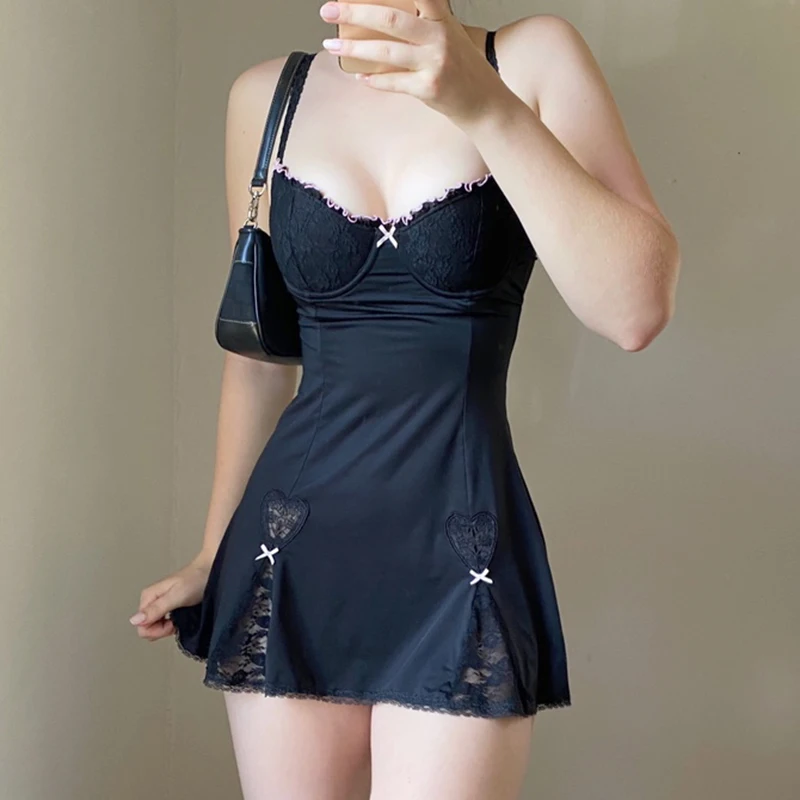 

Y2K кружевное лоскутное черное платье в стиле ретро с бантом на бретельках модное эстетичное мини-платье с бантом для клувечерние сексуальны...