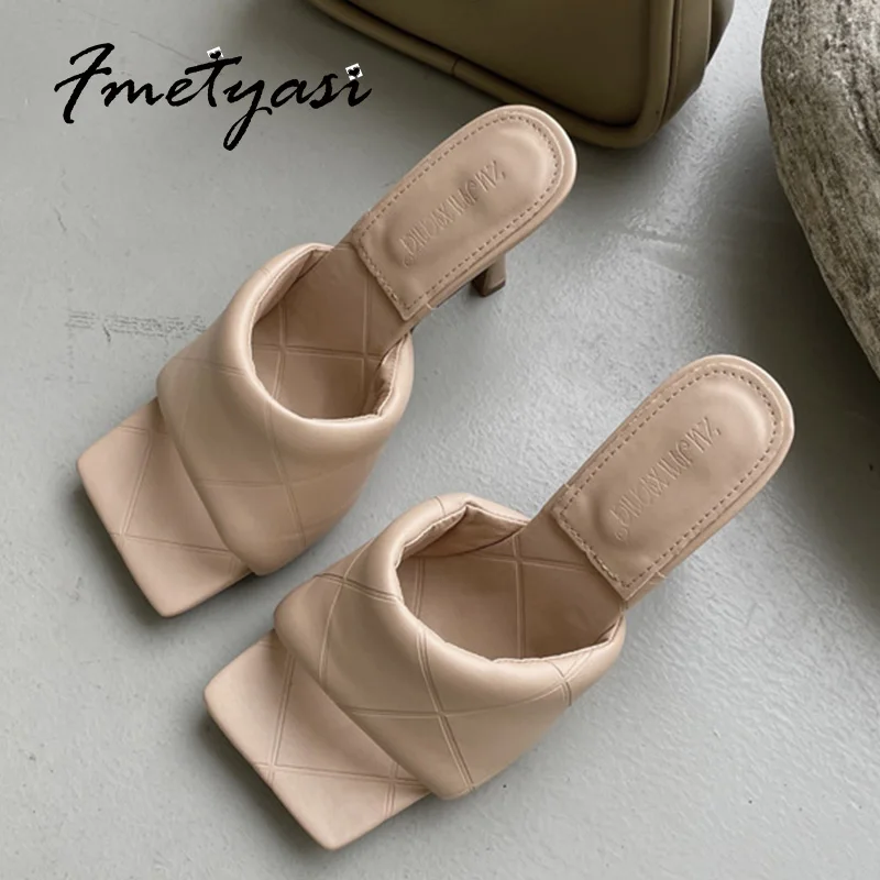 

Pumps Shoes Woman Fanshion 2021 New Slip-on Square Open Toe Casual PU Rubber Stiletto Sandals Gingha Leather Slingbacks