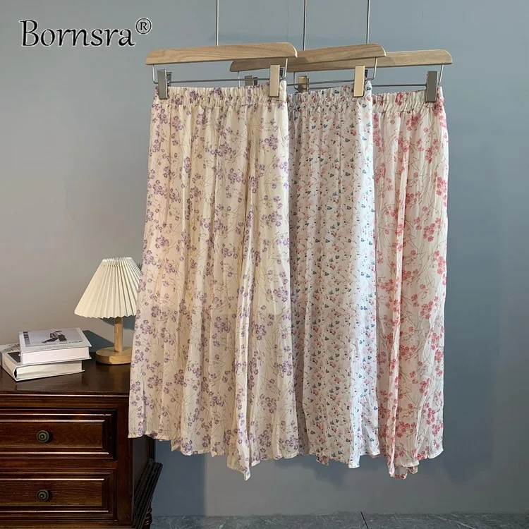 

Bornsra 2021 Summer Woman Skirt Pleated Floral Chiffon Skirt Mid-length Skirt Empire Casual Korean Fashion Clothing Long Skirt