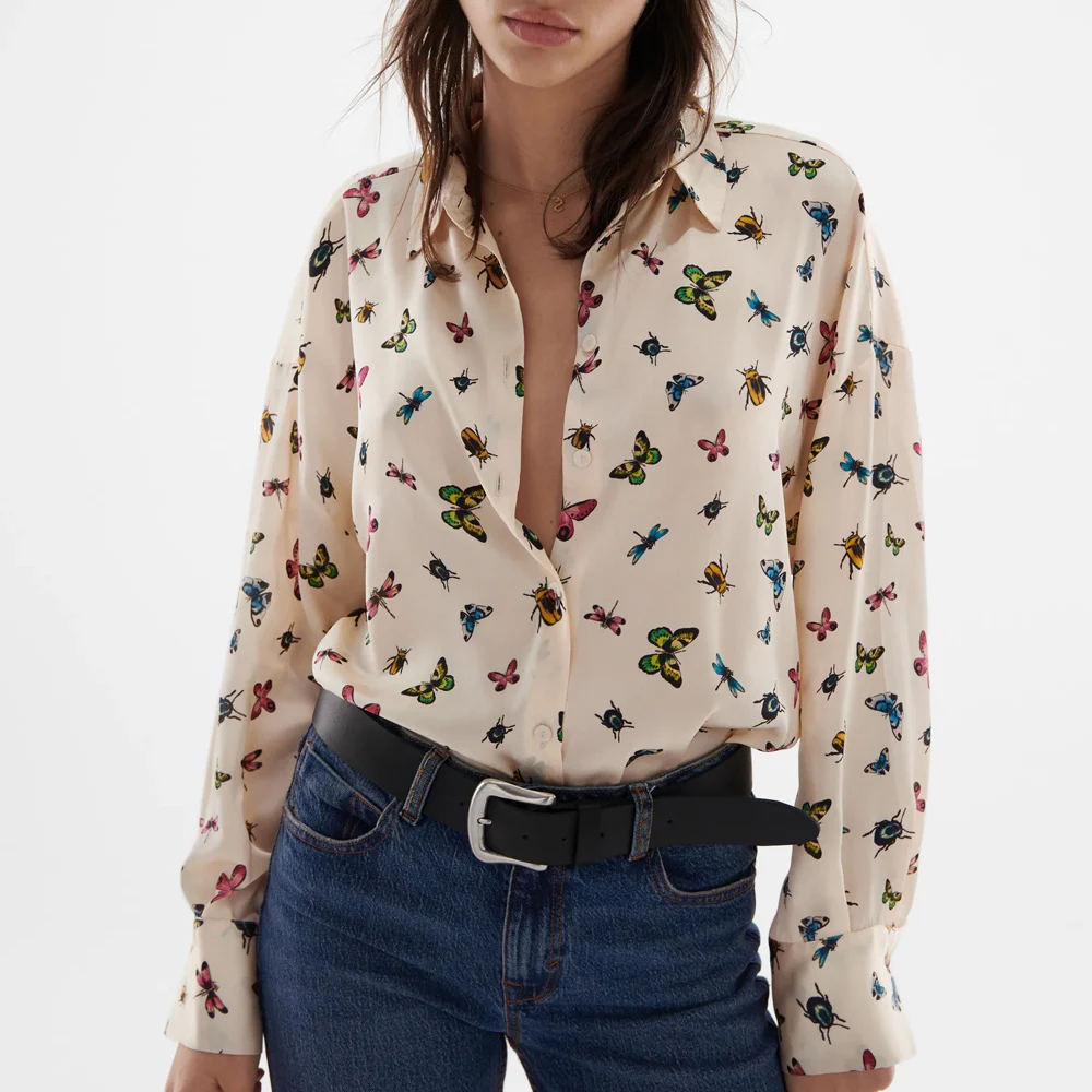 

Za Shirts 2021 Women Elegant Long Sleeve Buttons Shirt Autumn Office Lady Fashion Butterfly Print Long Smock Blouse Chic Tops