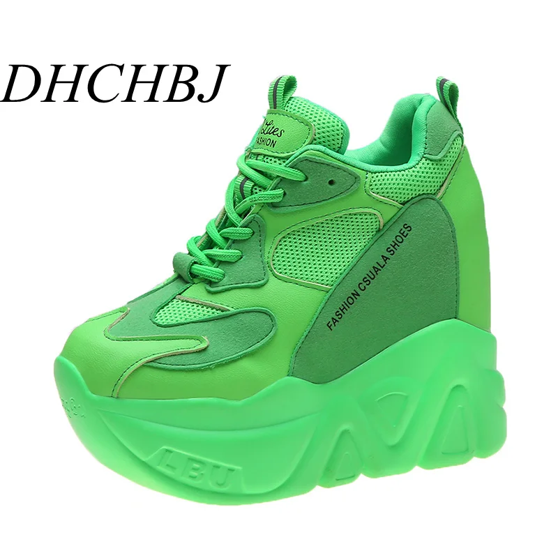 

women's breathable Athletic candy color sneakers 12cm high heel platform lace up casual shoes woman autumn soft shoes