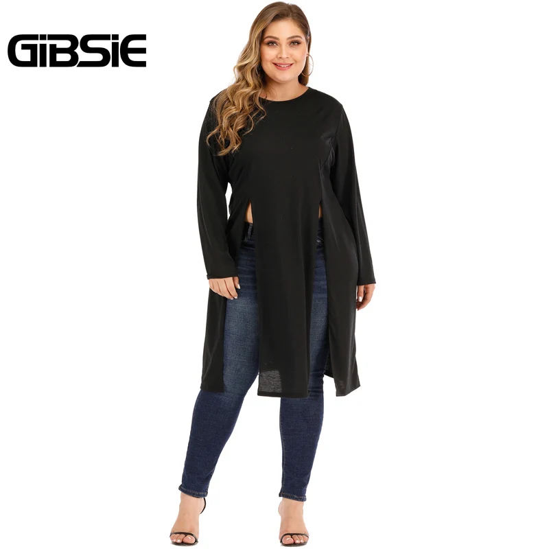 

GIBSIE Plus Size Black Split Long T-Shirt Women Autumn Round Neck Long Sleeve Casual Streetwear Ladies Tees Tshirt 3XL 4XL