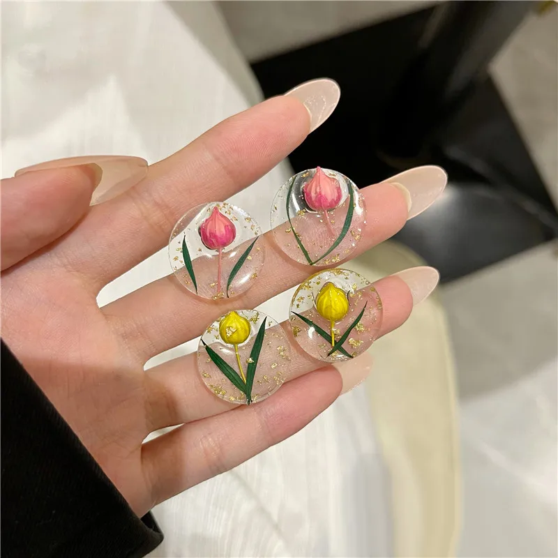 

YANGLIUJIA Resin Transparent Flowers Round Earrings Fashionable Sweet Elegant Flowers Stud Earrings Girl A Birthday Present