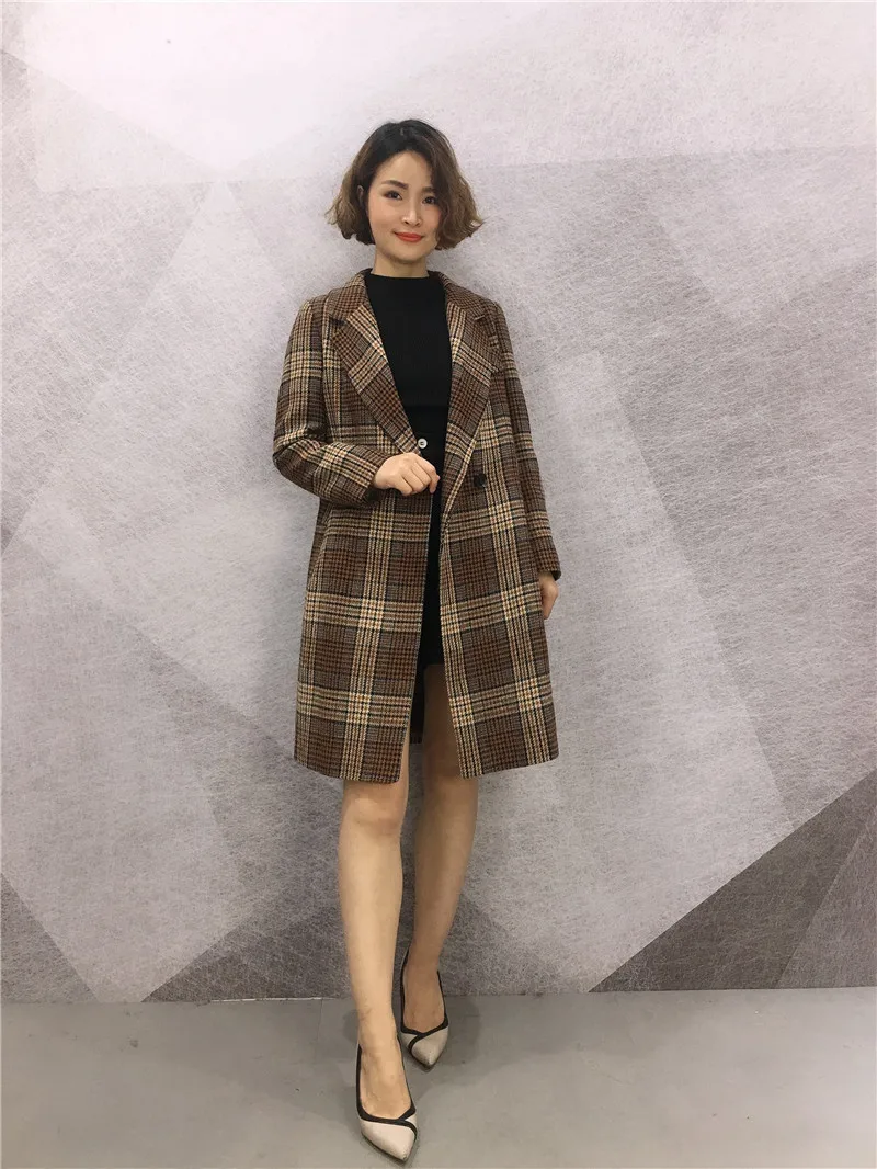 Женское Свободное пальто в клетку шерстяное модное дикое теплая ветровка