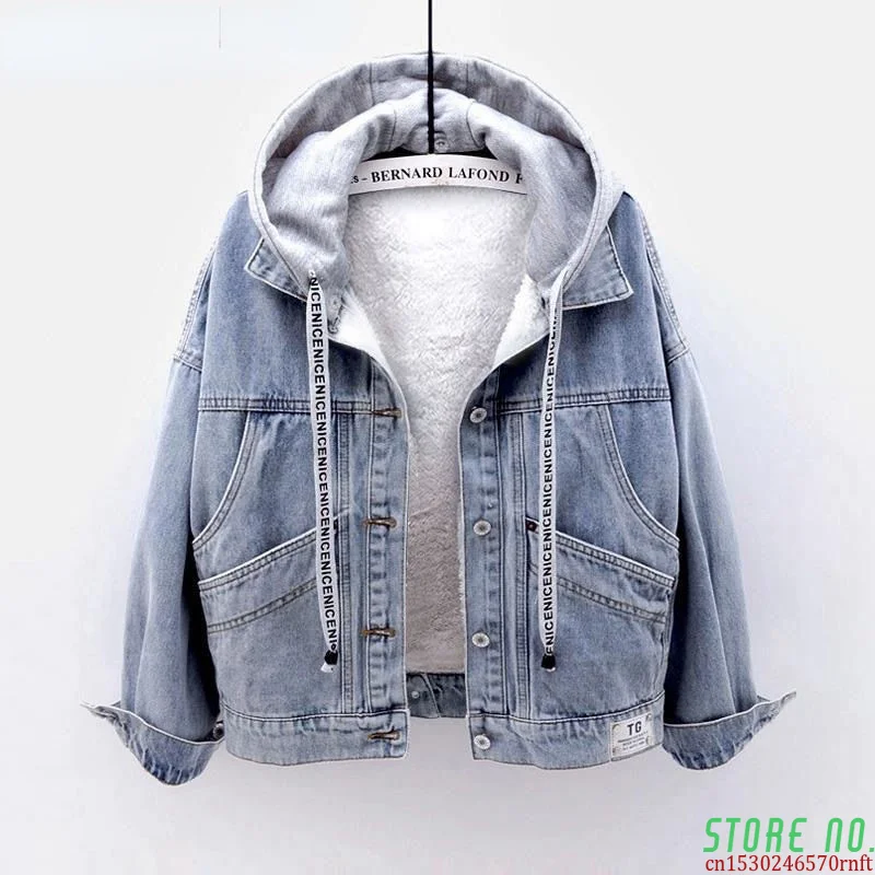 

Single-breasted Hooded Denim Jacket Women Fashion Plus Velvet Thickening Multi-pocket Women Denim Jacket New Loose Denim Jackets