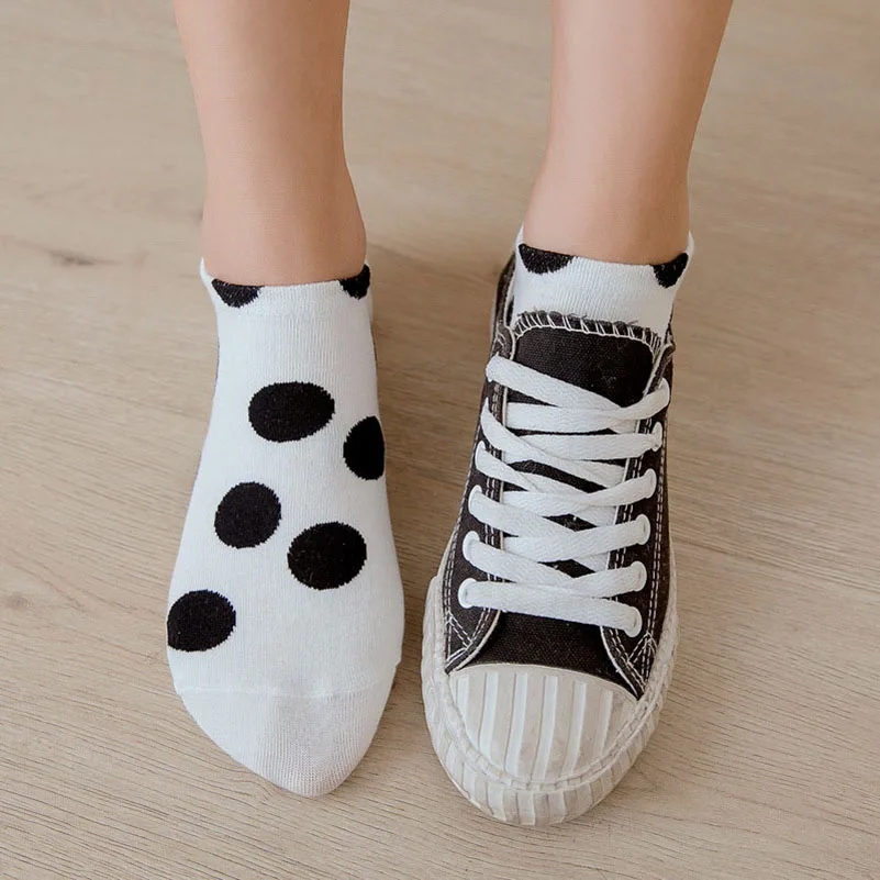 LKWDer, 5 пар, женские короткие носки до лодыжки носки в горошек, хлопок, весна-осень, милые студенческие девушки, однотонные простые женские низкие носки Meias