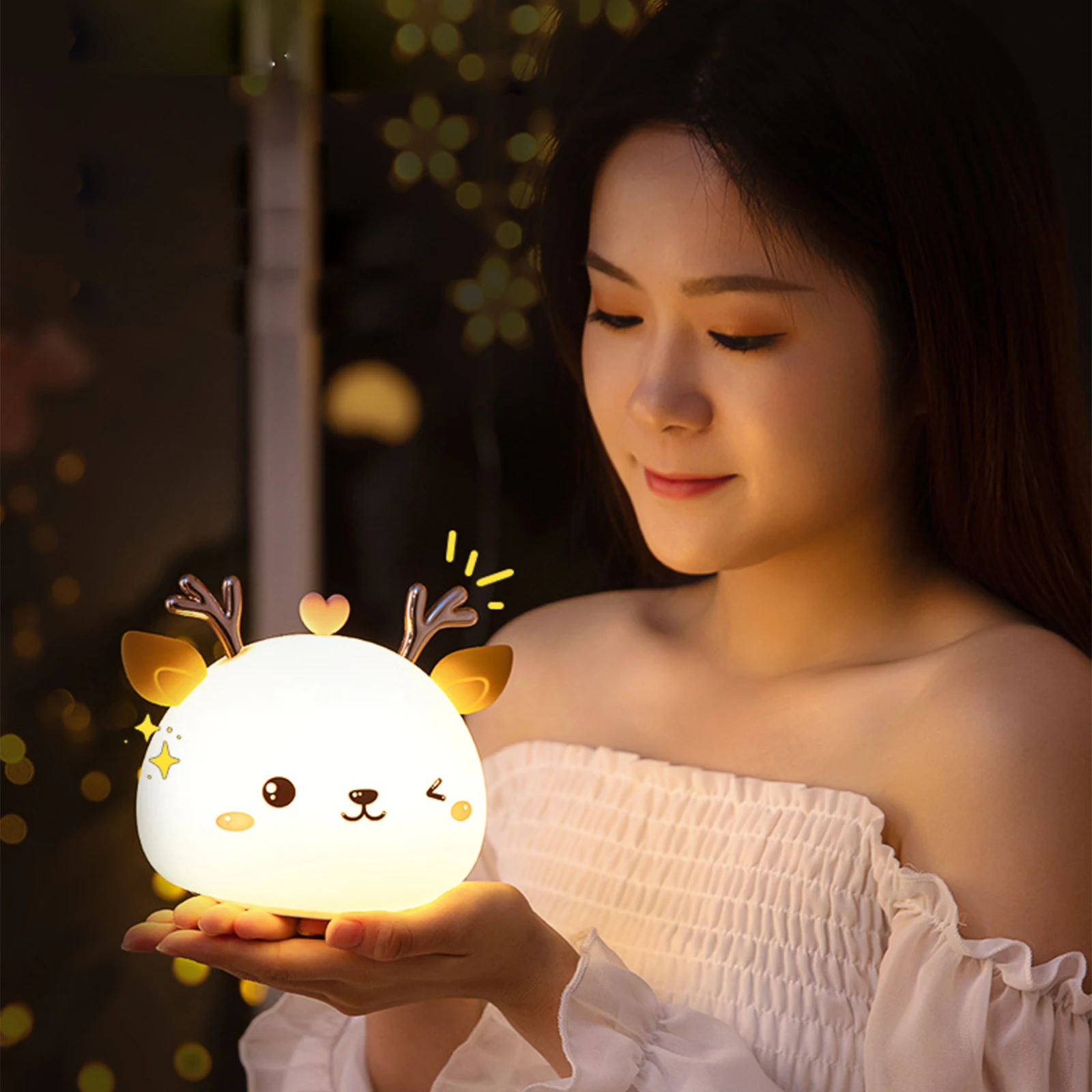 

Rechargeable 1800mah Deer Night Lamp 7 Light Colors Soft Silicone Touch Light Adorable Deer Shape Night Light