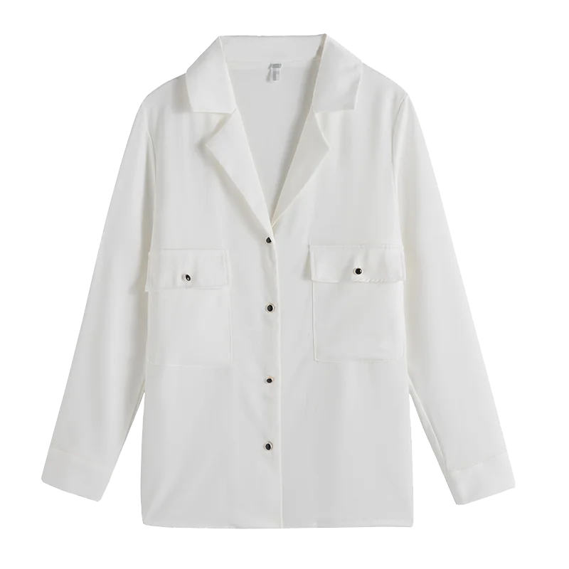 

Autumn Office Lady Solid Suit Collar Shirt Women Casual Big Pocket Long Sleeve Chiffon Blouse Female Fashion White Tops