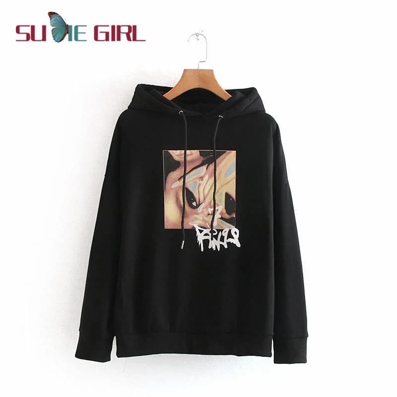 

SUDIE Girl Fashion autumn new temperament hedging hooded pattern printing loose casual hoody ladies long sleeves