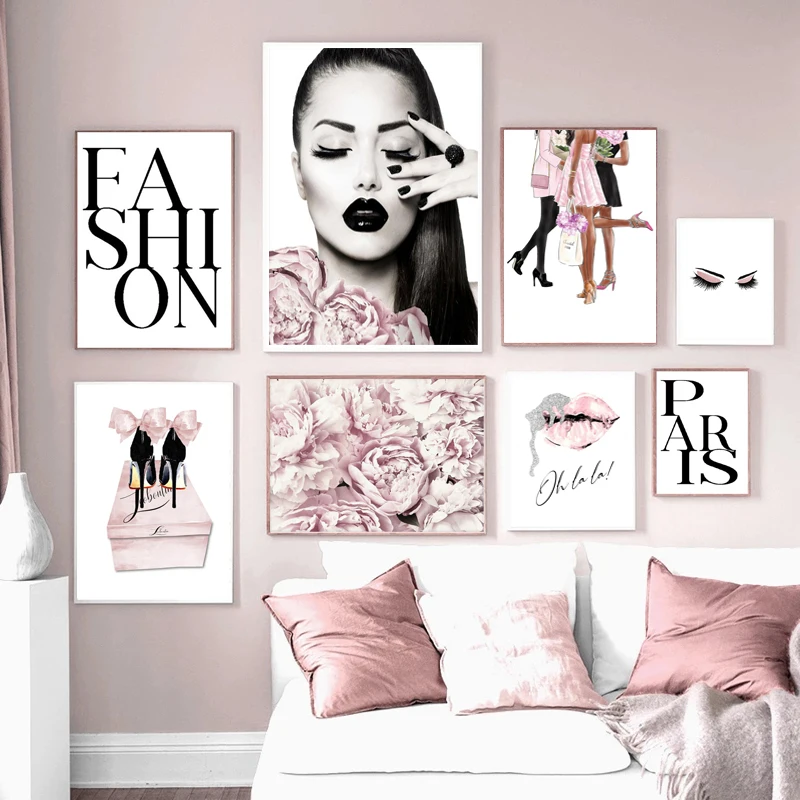 

Nordic Poster Paris Flower Model Wall Art Canvas Painting Pink Girl Love Kiss Prints Living Room Home Decoration Pictures