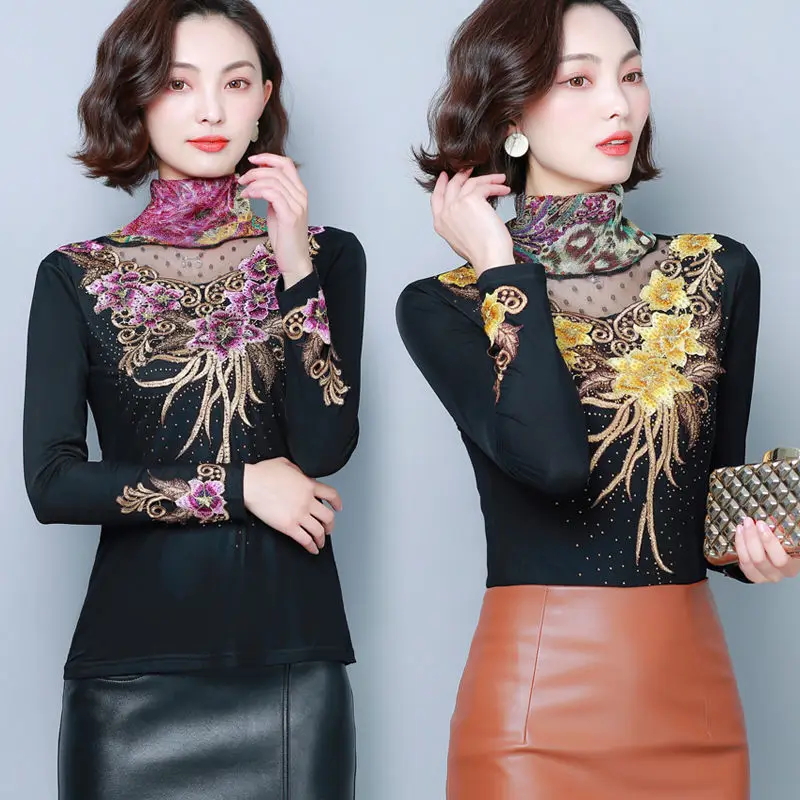 

2020 New Women Autumn Winter Fashion Mesh Floral Embroidery Blouse Lady Elegant Silm Fleece Elaticity All-math Shirt Tops A310