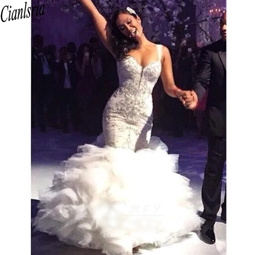 2021 Beaded Body Bridal Gowns hugging Ruffled Trumpet Mermaid Spaghetti Strap Wedding Dresses