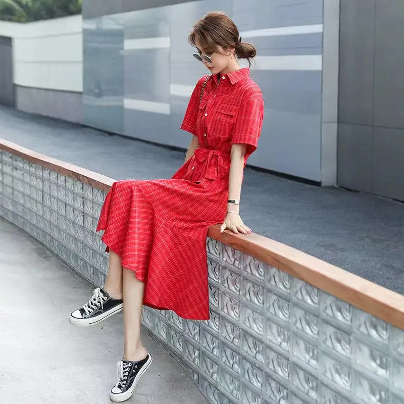 Шифоновое платье-рубашка с коротким рукавом новинка 2021 популярное летнее платье