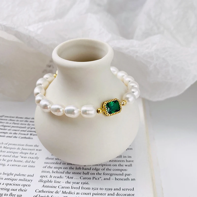 

Amaiyllis 925 Sterling Silver Vintage Green Crystal Pearl Beaded Bracelet Personality Fashion Baroque Bracelet Bangle Jewelry