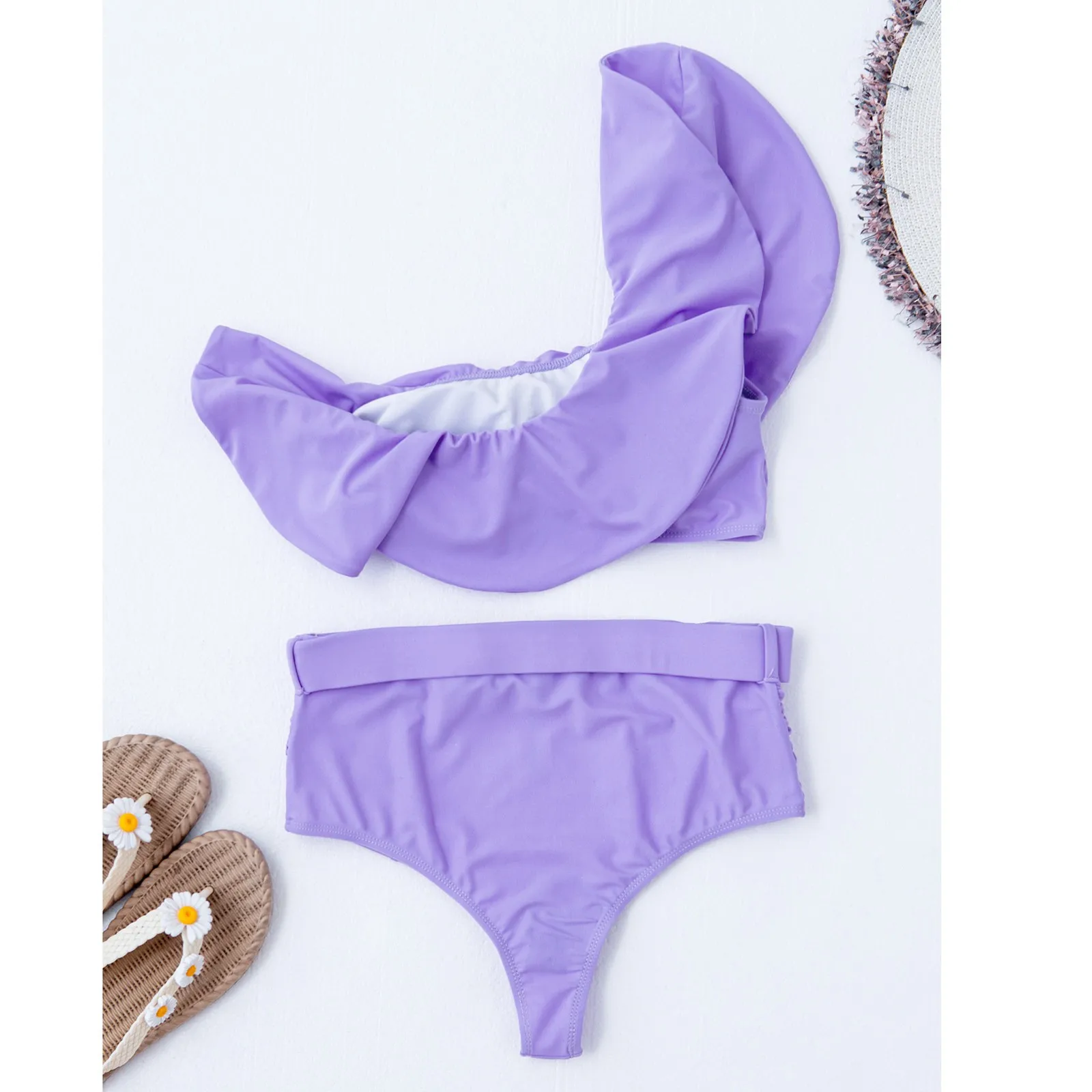 

Sexy Bikinis Women 2021 New One Shoulder Swimwear High Waist Swimsuit Solid Ruffles Bathing Suits Beach Wear Biquini Female 0318