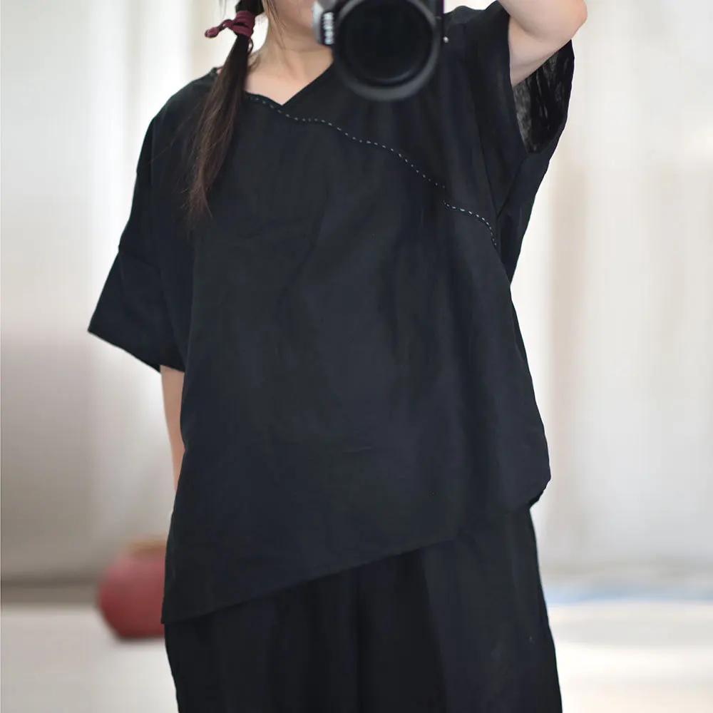 Женские свободные ретро топы из хлопка и льна с v-образным вырезом винтажные