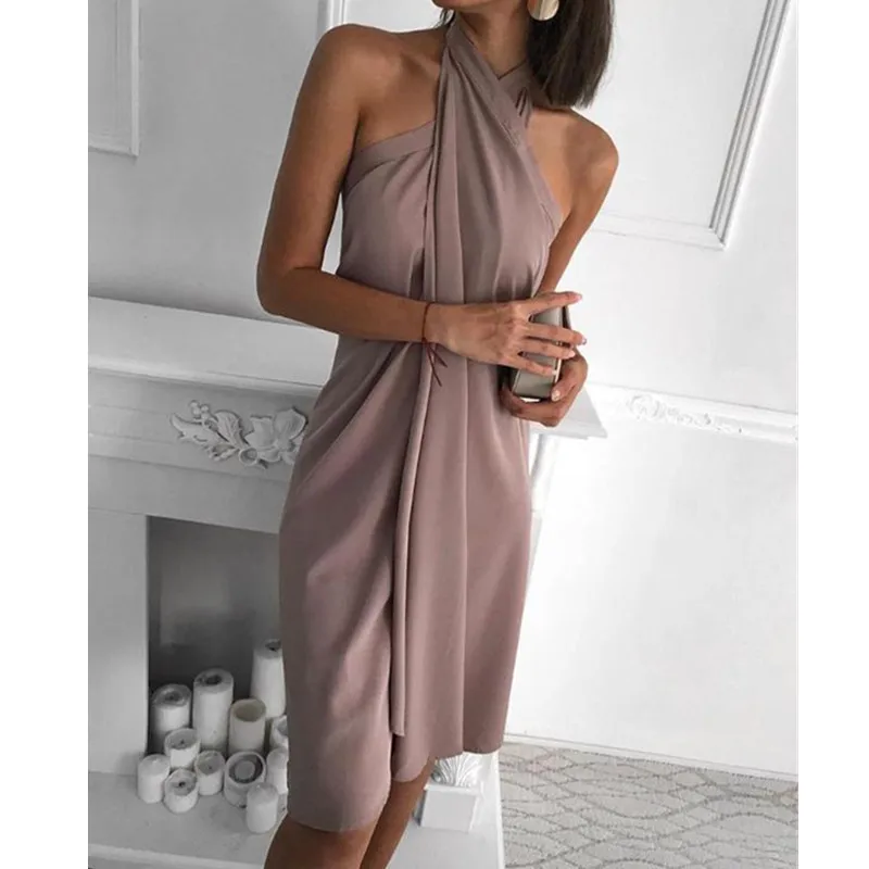 

Halter Sleeveless Ruched Design Dress Women Sleeveless Sexy Party Dress roupa feminina