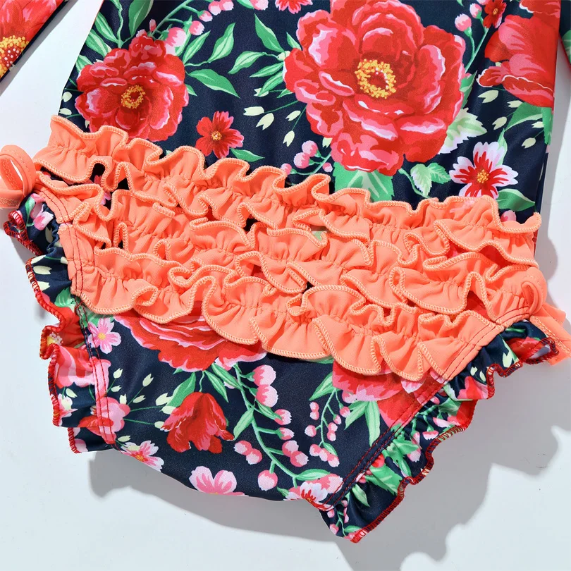 Летний детский купальник для девочек из Бразилии с одним рукавом в виде цветочного принта и воланами.
