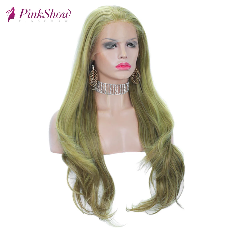 Зеленый парик Pinkshow длинный волнистый из синтетического кружева спереди для
