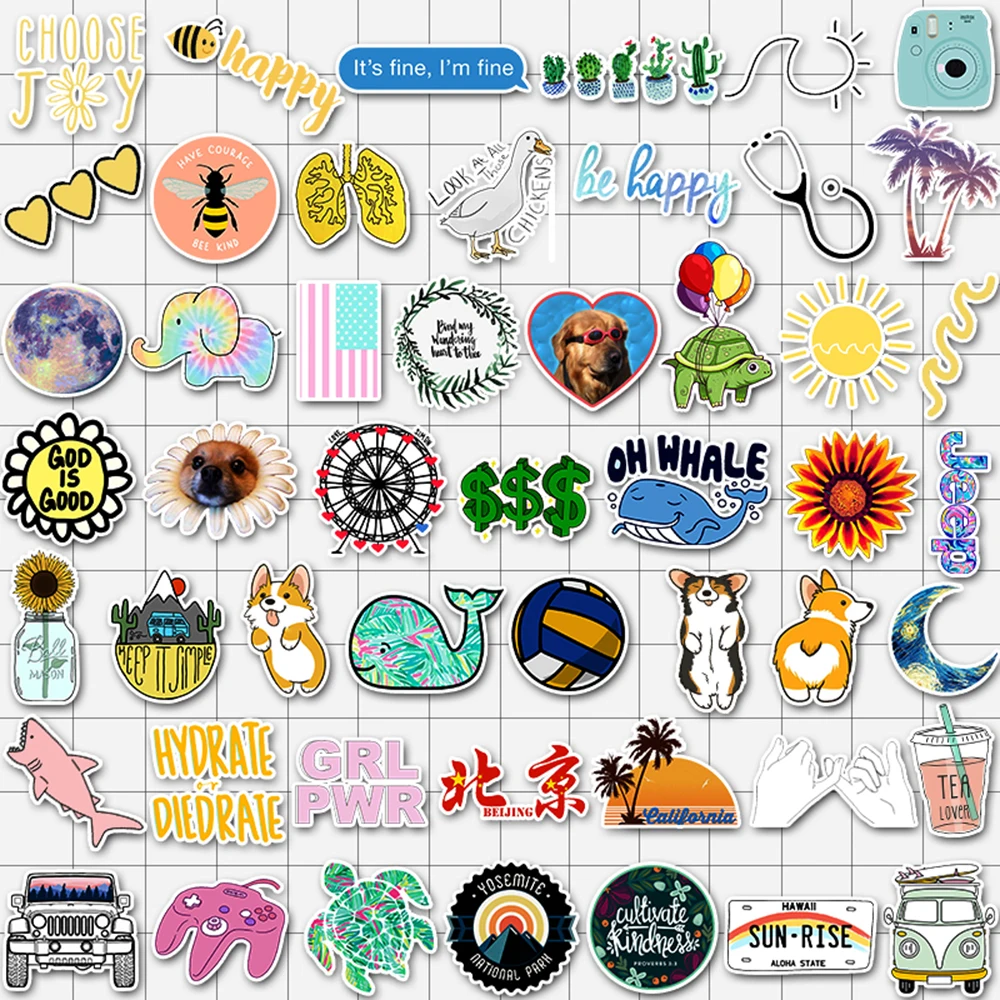 VANMAXX 50 PCS Multicolor VSCO INS Style Stickers Waterproof Vinyl Decal for Laptop Helmet Bicycle Luggage Guitar Car Stickers
