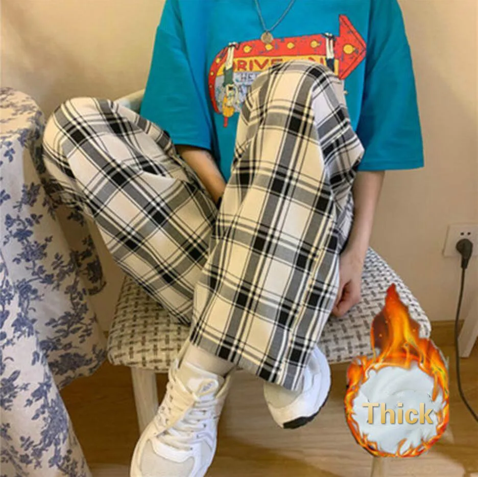 

Wide-leg Pants Women Thick Fall Plus Size 4XL Chic Trendy Harajuku Plaid Teens High Waist Trouser Simple Korean Couples Clothing