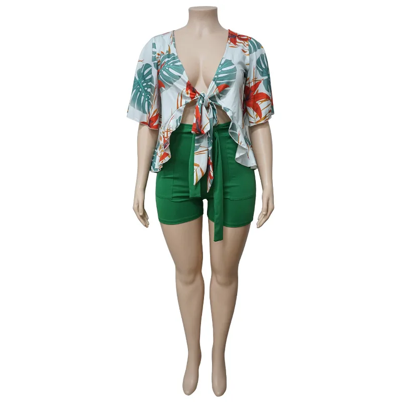 

Summer Plus Size Women Clothing Two Piece Set 4xl Wholesale Items Sexy V Neck Bandage Print Tops Casual Shorts Sets Dropshipping