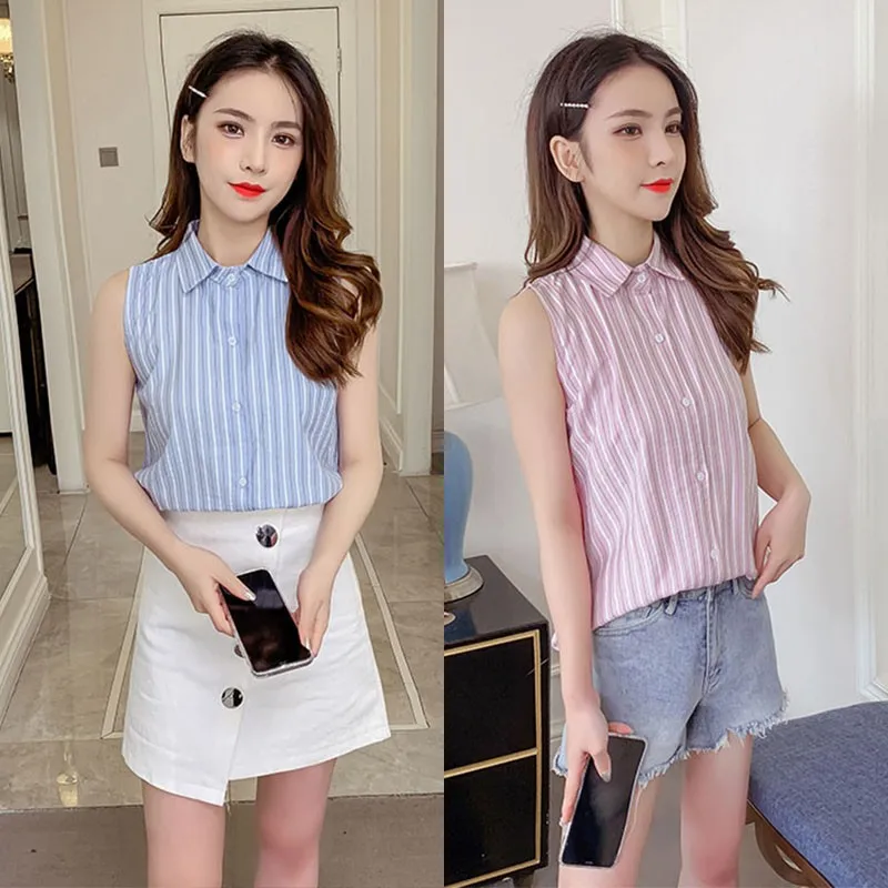 

Women Striped Tank Top Shirt Vintage Style Printed Lapel Shirts Fashion Single-breasted Sleeveless Blouse
