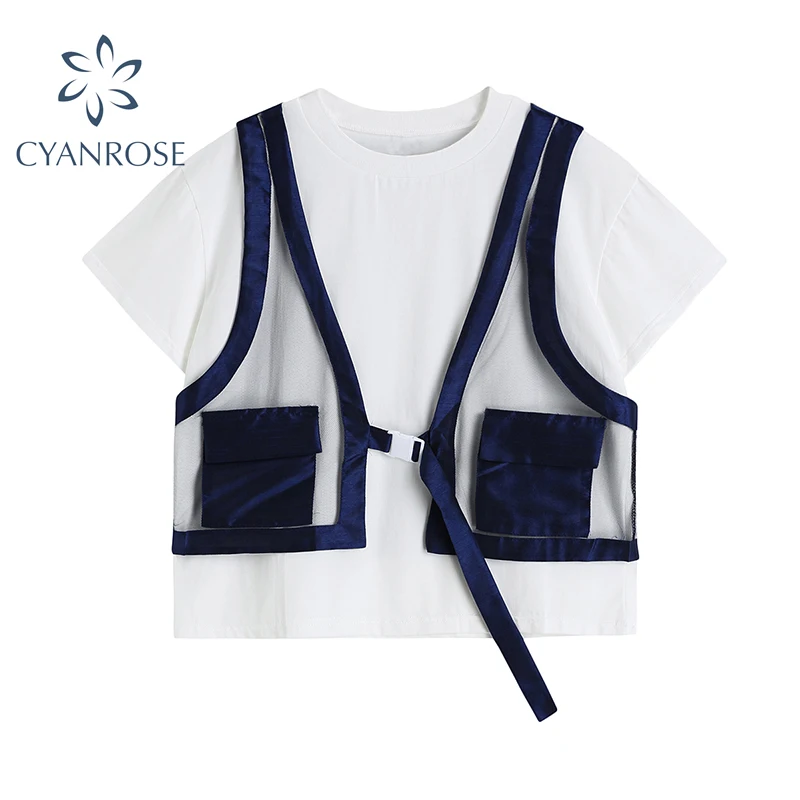 

Women Simplicity Fashion Short Sleeves TShirt Patchwork Vest Waistband Novelty Vintage Streetwear Girls 2021 Summer Harajuku Top