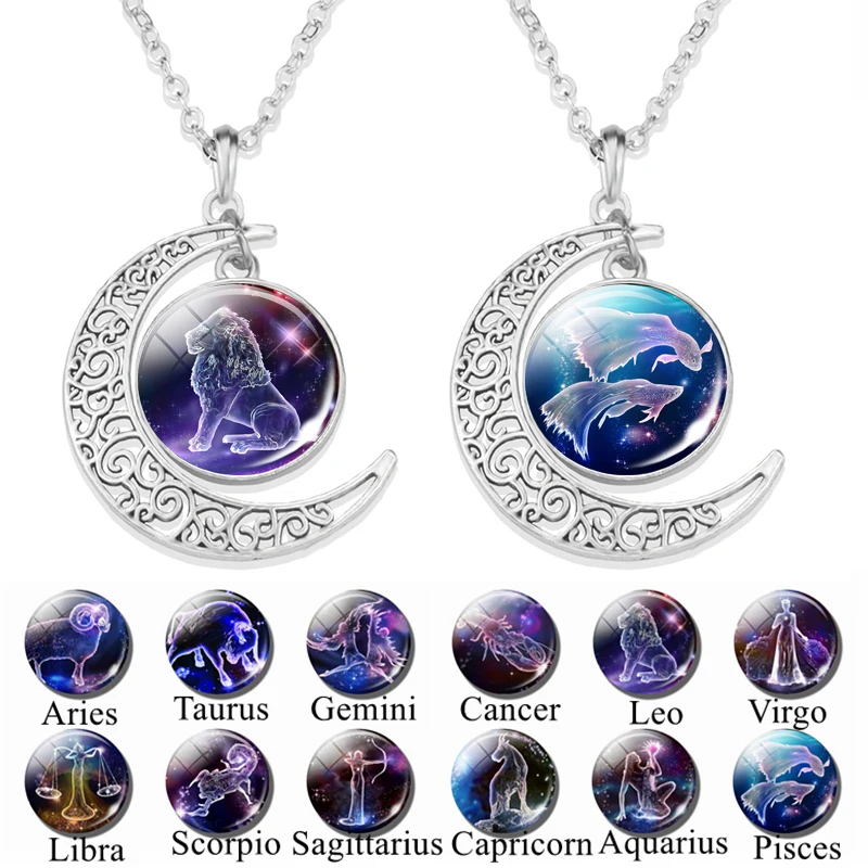 

12 Constellation Crescent Moon Necklace Zodiac Sign Glass Fashion Jewelry Pendant Aries Gemini Cancer Leo Women Birthday Gift