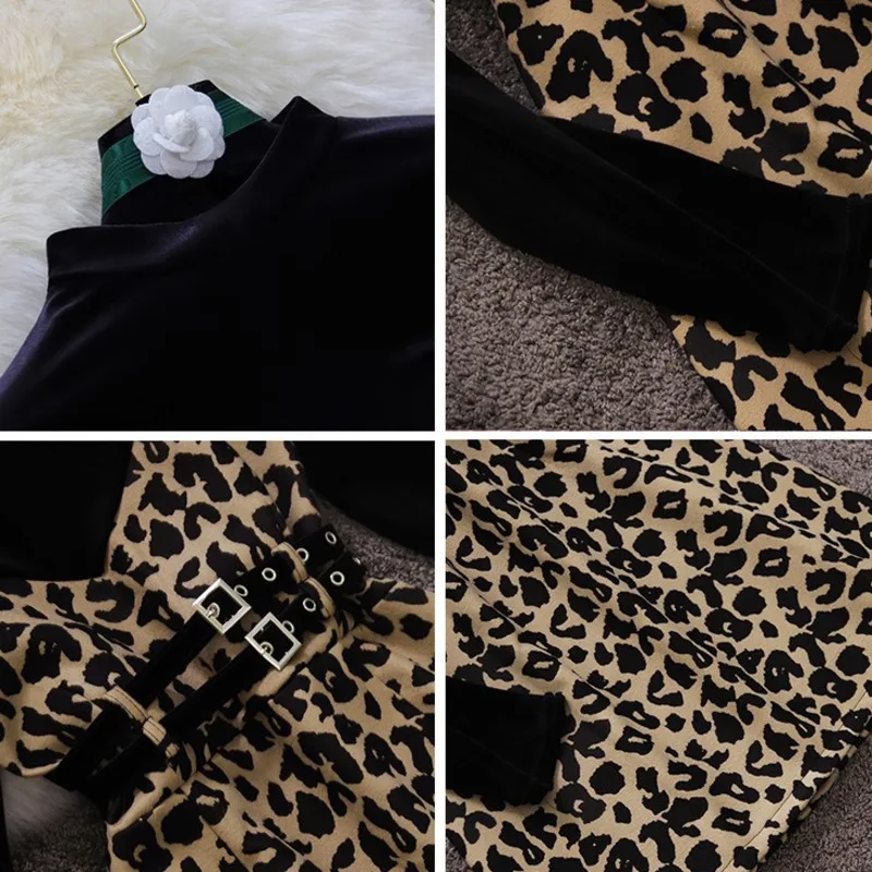 

Retro leopard print skirt 2021 new ladies half high neck long sleeve fake two-piece woolen dress women
