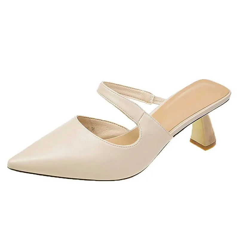 

Shoes Slippers Casual Pointed Toe Women Heels Low Slides Square heel Pantofle Luxury High Block 2021 Cover Rome Fabric Basic PU
