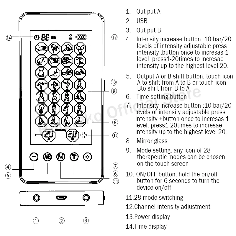 Электрический стимулятор мышц с сенсорным экраном 28 режимов|Расслабляющие