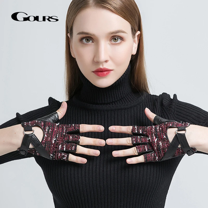 

Gours Women's Genuine Leather Gloves Black Fashion Goatskin Fingerless Gloves Fall and Winter Half Finger New Arrival GSL065