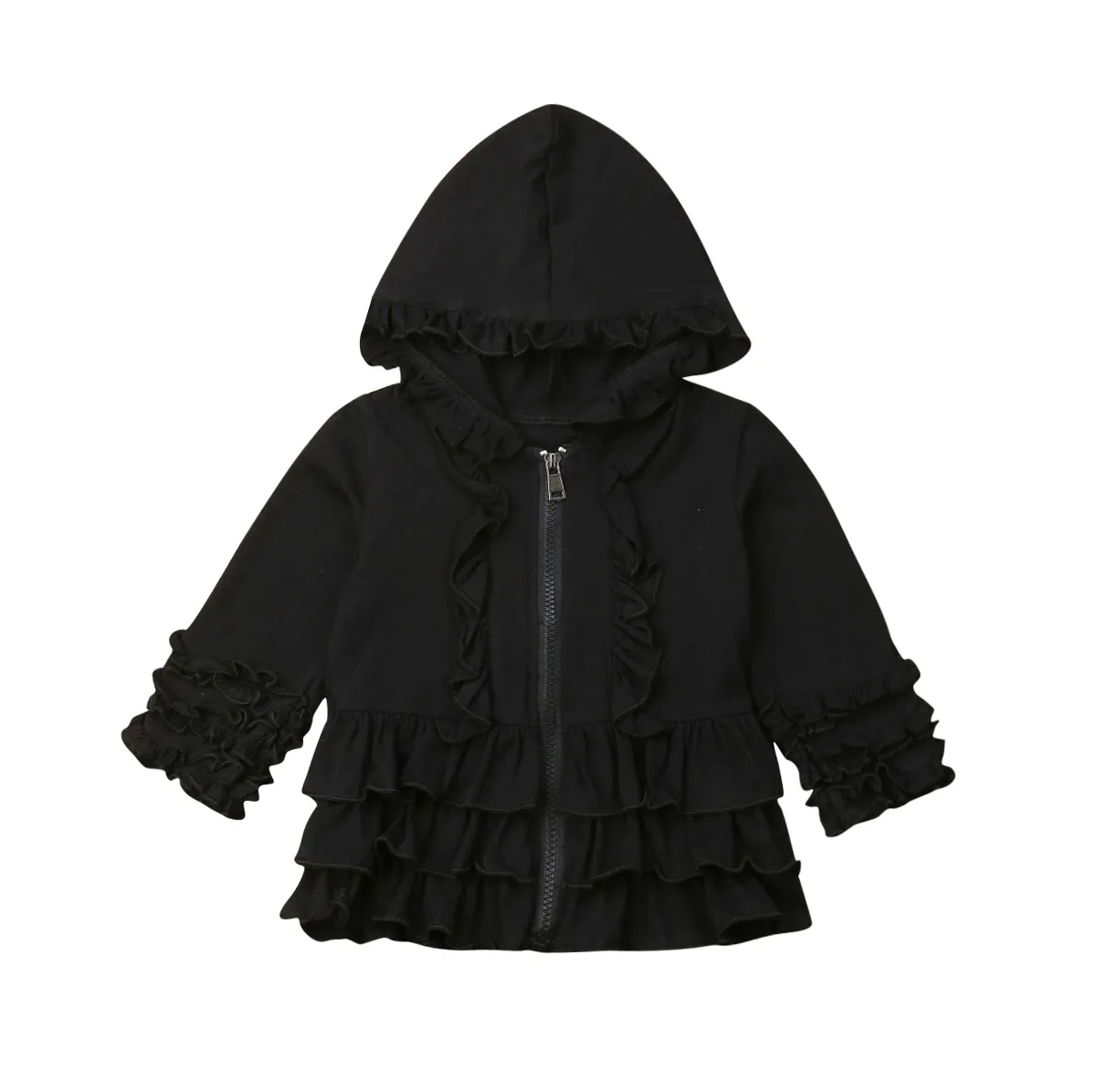 Black Hooded 6 стильная куртка для маленьких девочек осенняя одежда однотонная толстовка на молнии с оборками Повседневная Верхняя одежда с капюшоном - Цвет: Black Hooded