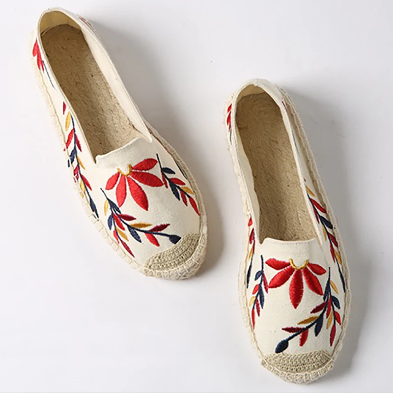 Women Handmade Slip On Shoes Khaki Floral Embroid Loafers Linen  Espadrilles Comfortable Casual Exercise Zpatillas Mujer Sapatos
