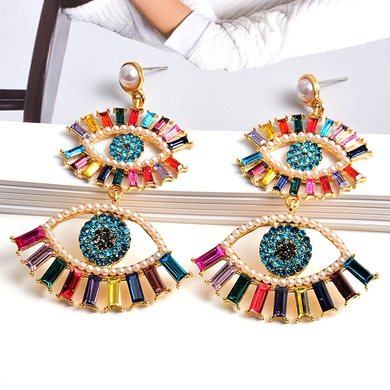 

New Colorful Rhinestone Metal Long Eye Shaped Earring High-Quality Vintage Crystal Drop Earrings Jewelry Accessories For Women