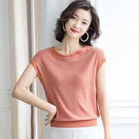 2022 loose summer t shirt women tops basic solid tee shirts femme short sleeve thin knitted bright silk tees casual top