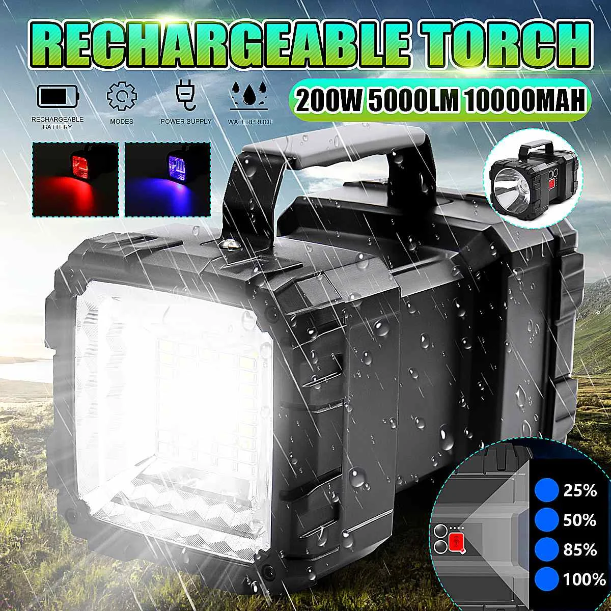 

200W 5000LM Super Bright LED Waterproof Rechargeable Lamp Head Searchlight Handheld Flashlight Work Light Spotlight Floodling