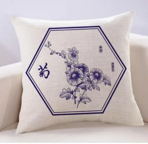 

Plum, orchid, bamboo and chrysanthemum pillowcase Chinese style living room retro blue and white porcelain pillowcase