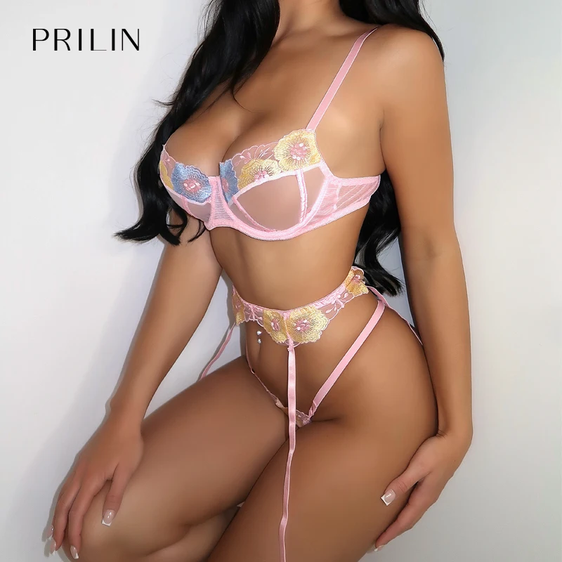 

PRILIN Women Sexy Lingerie Set Transparent Embroidery Floral Push Up Bra Panty Garter Belts Erotic Temptation Sensual Underwear