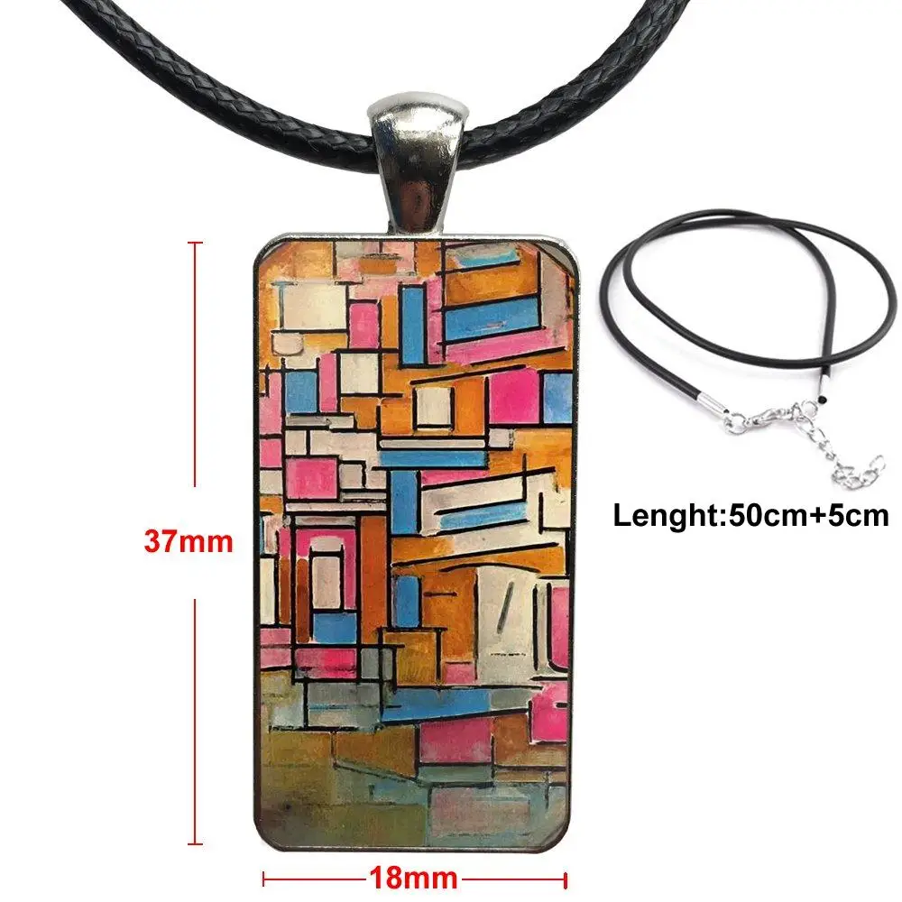 

Glass Pendant Necklace Handmade Half Pendant Rectangle Necklace For Men Women Abstract Art Piet Mondrian