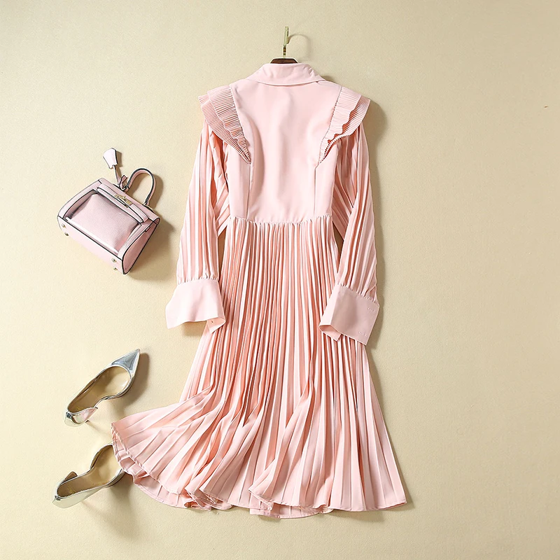 2019 осеннее розовое плиссированное платье для женщин высокое качество милое с