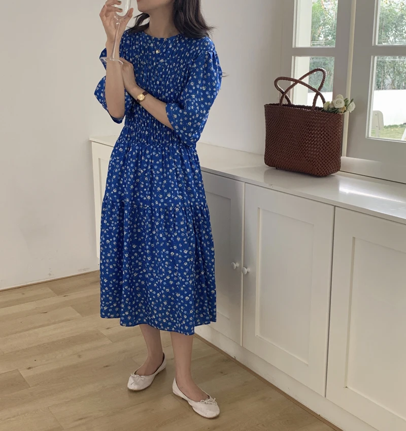 

Alien Kitty Summer Blue Printed Short Sleeves Prom 2021 Sweet Gentle Vintage Florals Chic Hot Slim Party Long Dresses Vestidos
