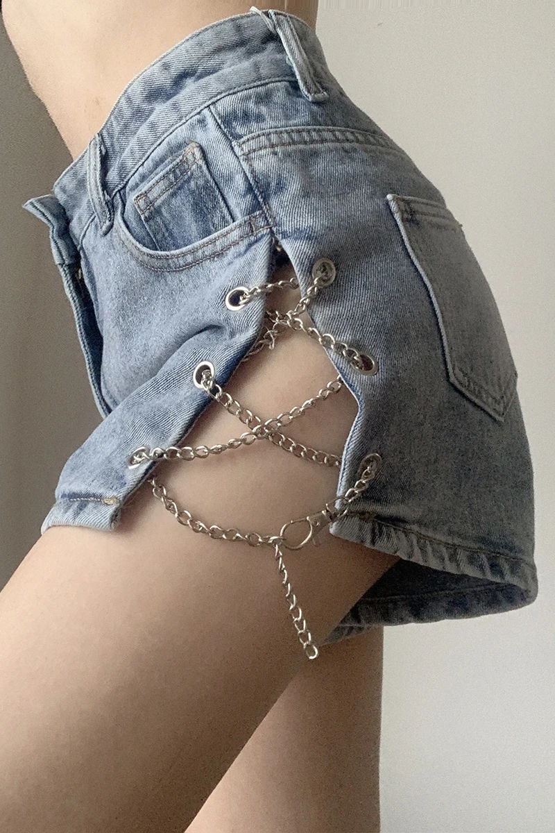 

Om chaorenguan side chain split design sexy jeans women's high waist leg long shorts versatile casual pants