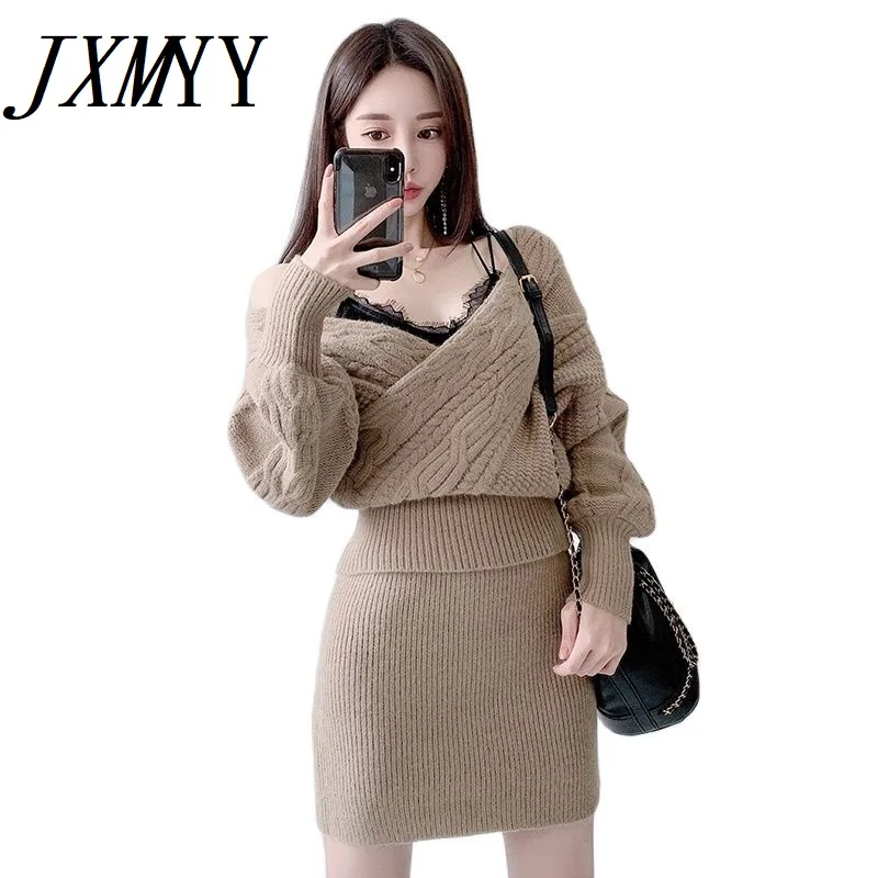 

JXMYY 2021 Осенняя мода новые продукты корейский Тонкий льняной узор крест V-образный вырез Вязаная + Высокая талия тонкая шерстяная юбка