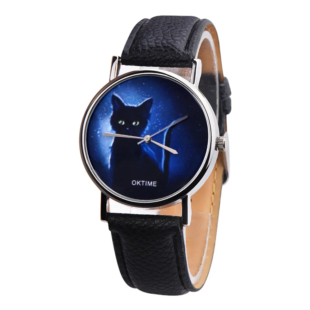 

Womens Watch Minimalist Cute Cat patternMysterious Black Cat Faux Leather Analog classic Quartz watch Bracelet watch Ladies YE1