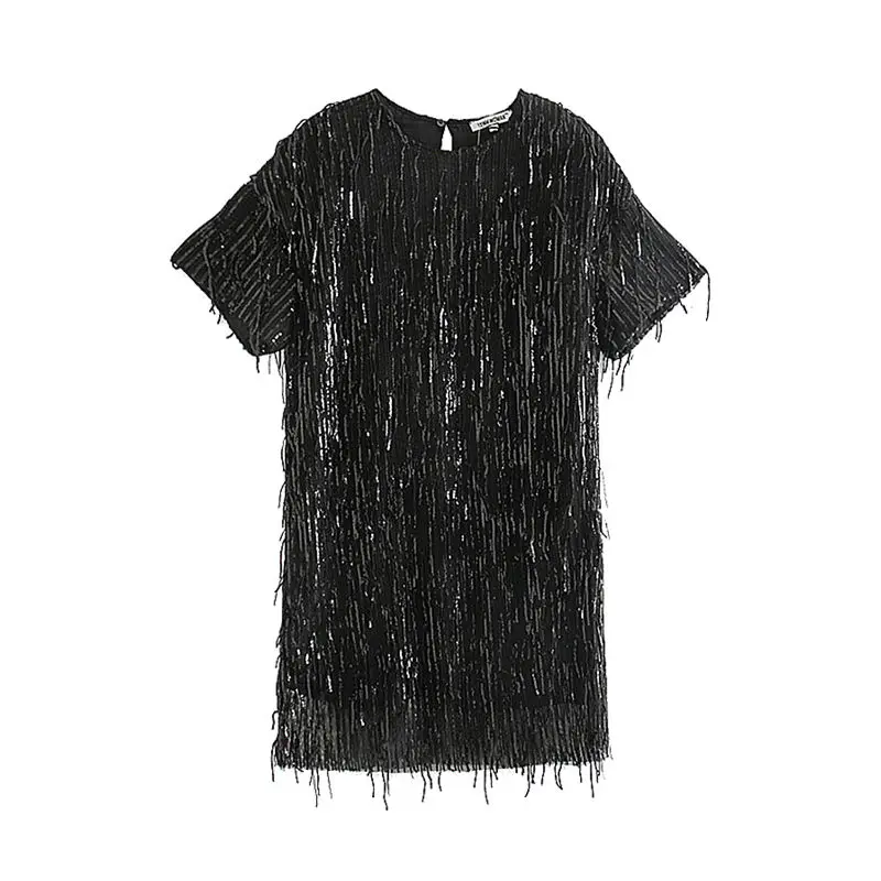 

Женское модное тонкое черное зеленое платье с блестками, с круглым вырезом и кисточками, с коротким рукавом, весна 2020, женские вечерние плат...