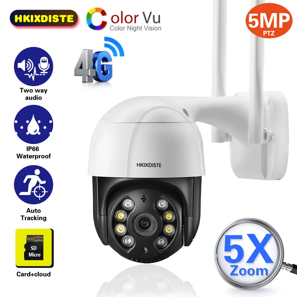 

4G SIM Card IP Camera WiFi Video Surveillance Camera Outdoor Security PTZ CCTV Camera 2 Way Audio 5X Digital Zoom Color Night