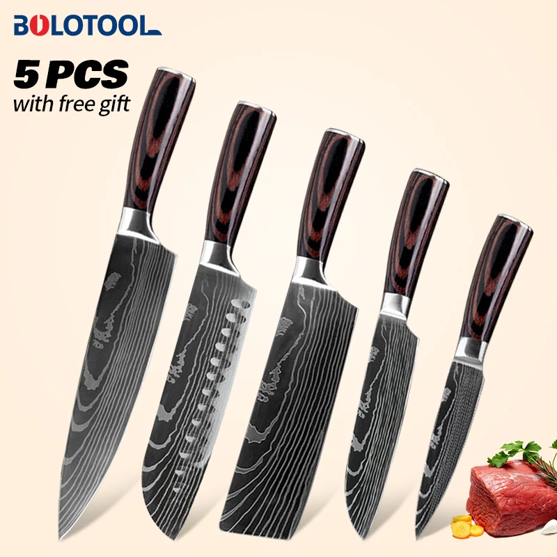 

Kitchen Knife Set Damascus Laser Pattern 5PCs Japanese Chef Meat Cleaver Fish Vegetable Nakiri Fruit Knives 440C Stainless Steel